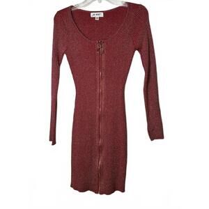 Red and Gold Ribbed Bodycon Mini Sweater Dress Zip Front Long Sleeve Size M
